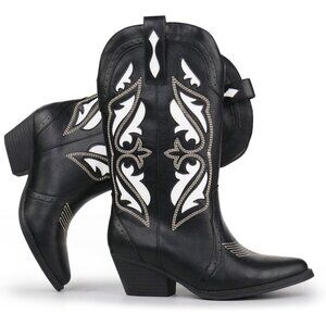 Hawkwell Women's Black Western Rodeo Cowgirl Chunky Block Heel Pull On Boot